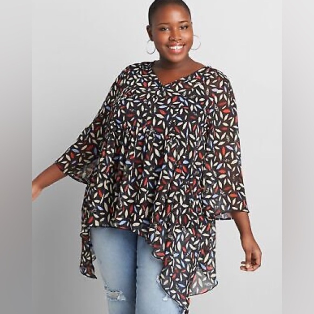 LANE BRYANT Black Leaf Floral Babydoll Swing Sheer Blouse Women’s Plus Sz 14/16